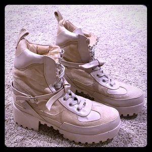 Faux suede and leather combat heeled boots